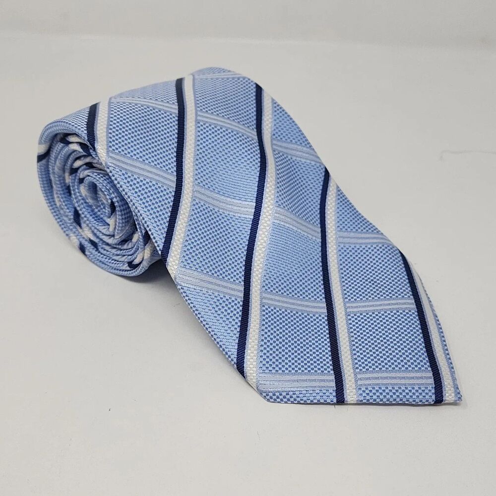 Baoloc Silk Tie Mens One Size Light Blue Navy Stripe 100% Silk Handmade Necktie - Picture 2 of 9